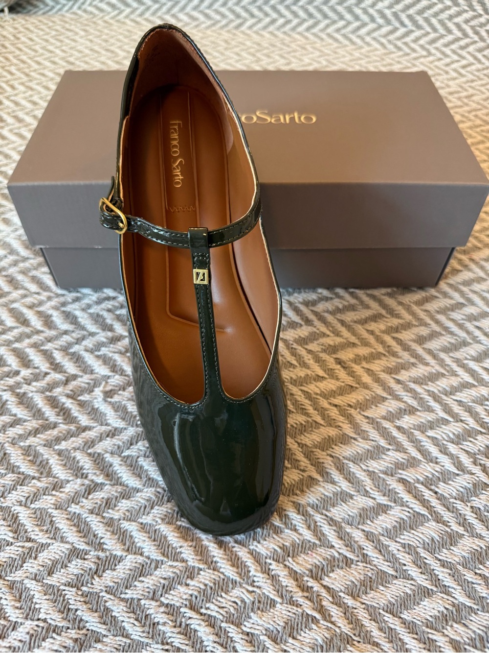 Franco Sarto Forest Green Patent T-Strap Flat